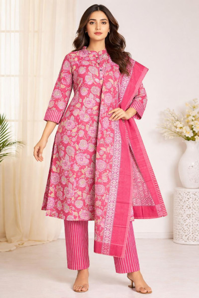 Premium Pink Floral Kurti Set with Dupatta