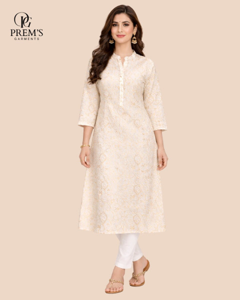 Women’s Printed Straight Kurti – Off-White with Soft Peach Print