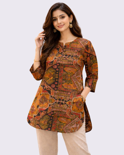 Women’s Printed  short Kurti – Multicolour Earthy Tones-s