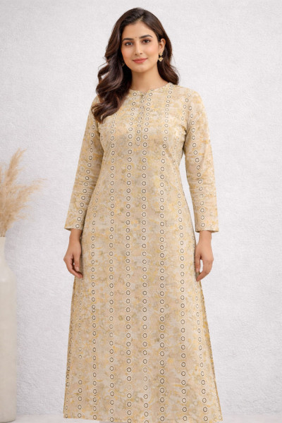 Womens Printed Straight Kurta – Ivory Cream with Soft Peach Print